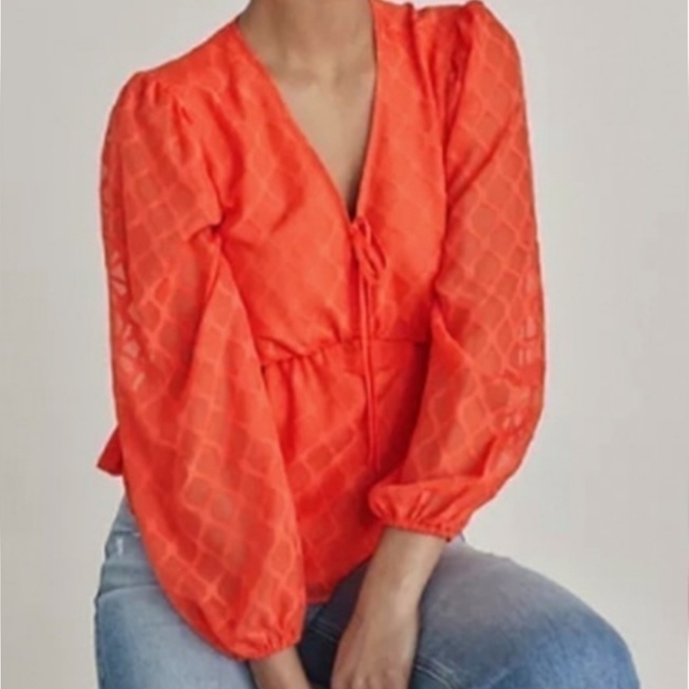 NWT Elizabeth And James Orange Puff Sleeve V Neck Peplum Blouse sz XXL